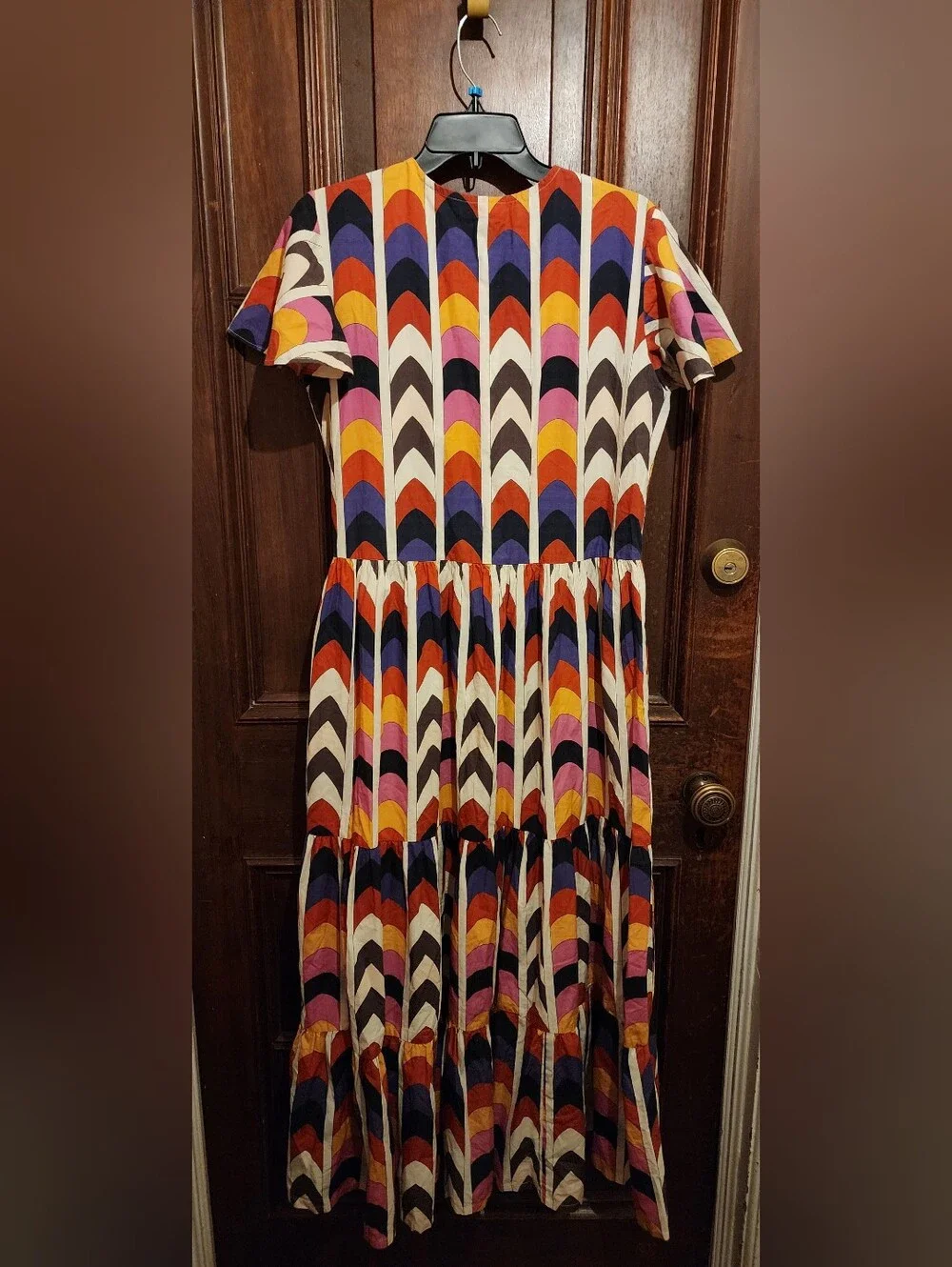 NWOT-OLIPHANT Geometric Multicolor Tiered Maxi Dress Size L-BohoChic